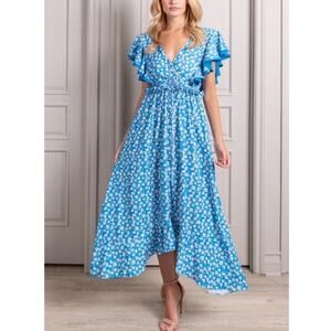 Senlis Amalie V Neck Ruffle Dress Bird Floral Print Size XS NWOT